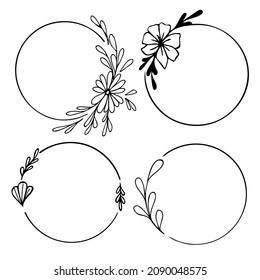 Set of hand drawn round doodle floral with leaves on white background