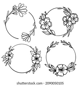 Set of hand drawn round doodle floral with leaves on white background