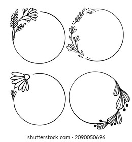 Set of hand drawn round doodle floral with leaves on white background