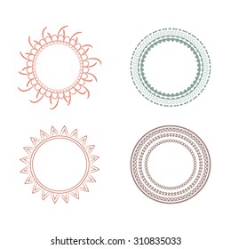 Set of hand drawn round ethnic vector frames. Doodles style. Decorative isolated elements, border, label for text.