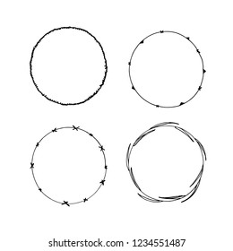 Set of hand drawn round frames. Collection decorative circle borders. Handmade vector illustartion. Boho  floral wreaths. Abstract doodle.