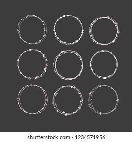 Set of hand drawn round frames. Collection decorative circle borders. Handmade vector illustartion. Boho  floral wreaths. Abstract doodle.