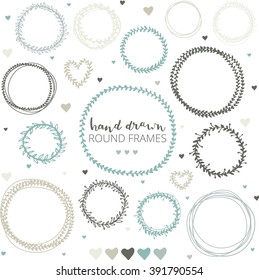 Set of hand drawn round frames. Ink illustration. Herbal frames-wreaths. Hand drawn wreath. Hand drawn vintage frames. Round frames and hearts. 