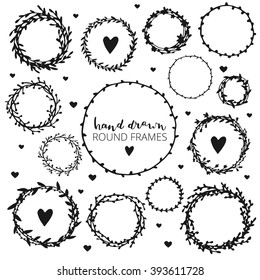 Set of hand drawn round frames. Ink illustration. Herbal frames-wreaths. Hand drawn wreath. Hand drawn vintage frames. 