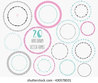 Set of hand drawn round frames. Doodle illustration