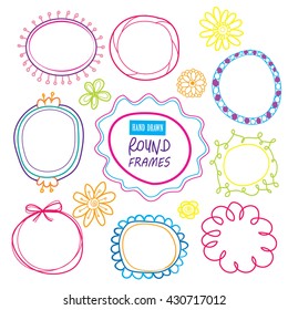set of hand drawn round frames. colorful doodles frame set
