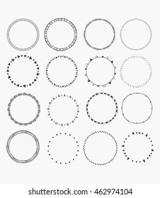 Set of hand drawn round frames. Doodle illustration