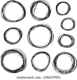 Set of hand drawn round pencil scribble frames. Edge torn box background. Vector isolated hatch circles.
