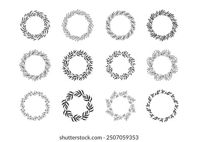 Set von handgezeichneten runden Federkränzen einzeln. Kollektion Doodle Blumenrahmen. Silhouette Kreis der Blätter. Vektorgrafik