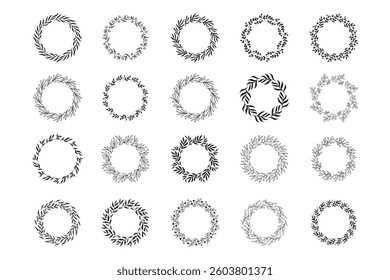 Set of hand drawn round spring wreaths isolated. Collection doodle floral frames. Silhouette circle of leaves. Vector illustration