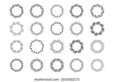 Set of hand drawn round spring wreaths isolated. Collection doodle floral frames. Silhouette circle of leaves. Vector illustration