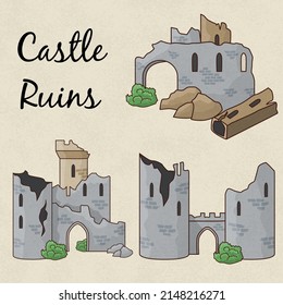 Set of hand drawn ruine of european medieval castle for fantasy map. Broken tower, destroyed fortress wall. Rock and bush near abandoned fort.