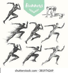 Set of hand drawn runners silhouette, running man on white background