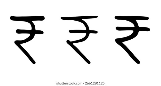 Conjunto de símbolo de moneda de rupia dibujado a mano. Pincelada doodle. Elemento único para el diseño