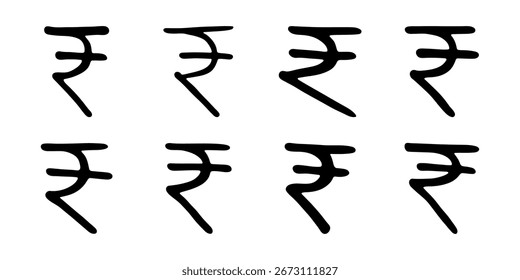 Set of hand drawn rupee currency symbol. Brush stroke doodle. Single element for design