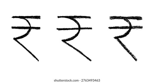 Set of hand drawn rupee currency symbol. Brush stroke doodle. Single element for design