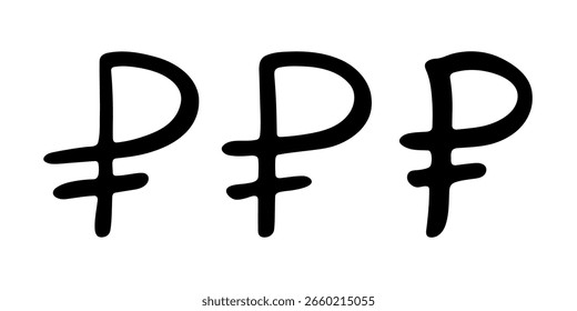 Satz von handgezeichneten russischen Rubel Währungssymbol. Pinsel Strich doodle. Einzelelement für Design