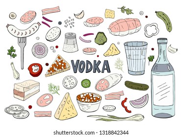 Set of hand drawn russian vodka and different food isolated on white background. Vector Russian vodka 