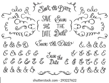 Set of Hand Drawn Rustic Decorative Swirls, Curls, Ampersands collection and Save the Date phrases. Ink Pen Drawing.