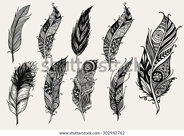 Set Hand Drawn Rustic Decorative Feathers Stock Vector (Royalty Free ...