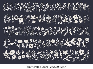 Set von Hand gezeichnet als abstrakte Blumenelemente auf schwarzem Hintergrund. Grün für Dekoration, Blumen, Äste, Blätter, Kräuter. Vektorgrafik 