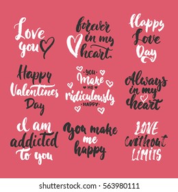 Set of hand drawn Saint Valentines Day lettering phrases about love. Photo overlays signs. Wedding photo album and greeting cards calligraphy.