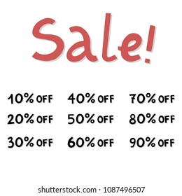 Set of hand drawn Sale! lettering for shop labels or online shop photo overlays. with discounts. All numbers, percent symbol, word 'off'. Isolated on white background