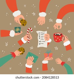 Set of hand drawn Santa and elf hands holding list, envelop, letter, mail, candy cane, mug with hot chocolate, gift box, present, grabbing a cookie and reaching for smth. Holiday Christmas stickers 