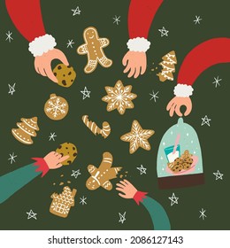 Set of hand drawn Santa and elf hands grabbing a cookie and reaching for something. Gingerbread cookies of different shapes. Holiday Christmas stickers. 