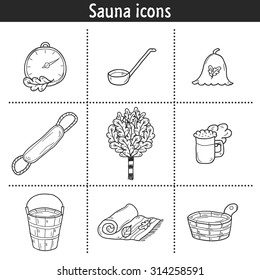 Set of hand drawn sauna icons: broom, towel, hat, wisp, beer, steam. Relaxation, health care or treatment concept for your design