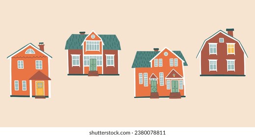 Set of hand drawn Scandinavian houses. Countryside Swedish cottages. Retro buildings. Flat style vector illustration.
