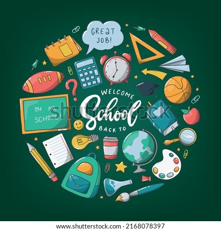 Set of hand drawn school doodles for stickers, prints, clip art, planners, organizers, etc. School supplies, stationery stuff. EPS 10