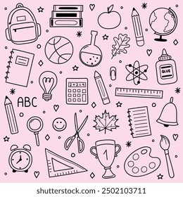 Set with a hand drawn school icons. Cute supply elements. Vector illustration