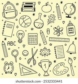 Set with a hand drawn school icons. Cute supply elements. Vector illustration