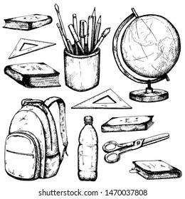 Set of hand drawn  school items: globe, school backpack, ruler, pens, felt-tip pens, pencils, paint brush, bottle of water, scissors, textbooks, books. Elements isolated on white.