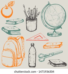 Set of hand drawn  school items: globe, school backpack, ruler, pens, felt-tip pens, pencils, paint brush, bottle of water, scissors, textbooks, books. Gray, orange, green, red.