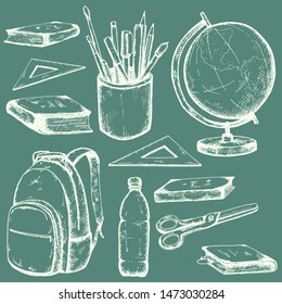 Set of hand drawn  school items: globe, school backpack, ruler, pens, felt-tip pens, pencils, paint brush, bottle of water, scissors, textbooks, books. Green and  white.