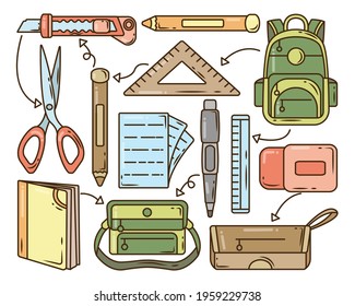 Set of hand drawn school items cartoon doodle collection