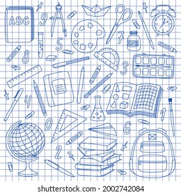 Set of hand drawn school items on a sheet of exercise book. Back to School. Vector illustration