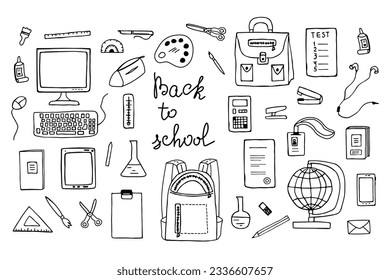 Set hand drawn school items on a sheet with lettering Back to School.