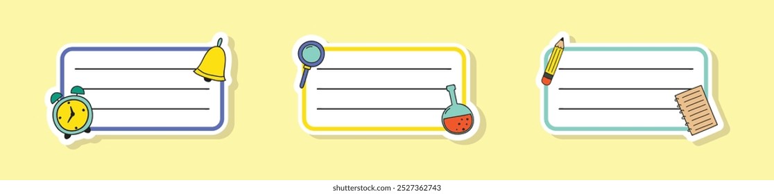 Conjunto com etiquetas desenhadas à mão do notebook escolar. Ilustração vetorial