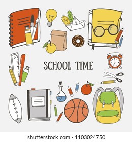 Set of hand drawn school objects with School time lettering. Cartoon style. Isolated objects.