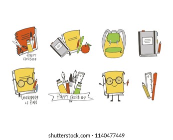 Set of hand drawn school objects. Cartoon style. Isolated objects.