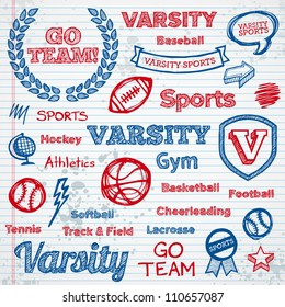 Set of hand drawn school sports text lettering and icons