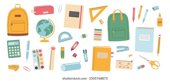 Conjunto de papelería escolar dibujada a mano. Colección de útiles escolares y de oficina. Ilustración vectorial aislada