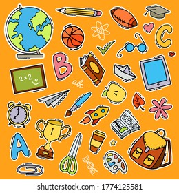 set of hand drawn school stickers. decorative bundleof doodles isolated on orange background. EPS 10