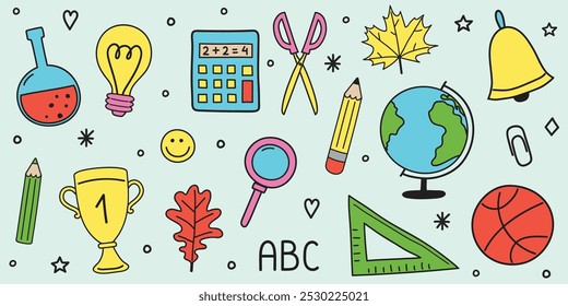 Conjunto con una pegatinas escolares dibujadas a mano. Iconos de suministro de dibujos animados. Ilustración vectorial