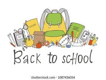 Set of hand drawn school stuff. Back to school greeting card on white background. 