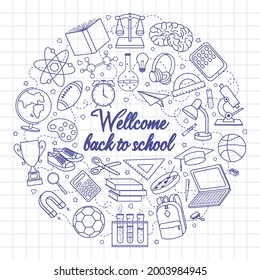 Set of hand drawn school supplies elements. Welcome back to school round concept. Vector illustration in doodle style. Blue elements on notebook sheet background.