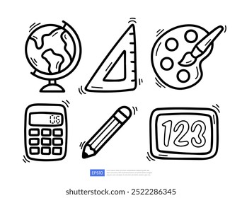 Set of hand drawn school supplies in doodle style, including pencil, globe, rulers, whiteboard, blackboard and stationery. Perfect for logos, decorations, and educational designs. Vector illustration.